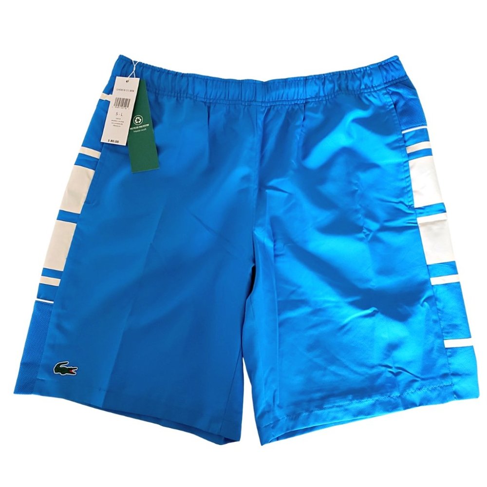 Lacoste Sport Men's Shorts Large 5 Blue Printed Side Bands Sustainable GH0876NWT - Picture 2 of 9